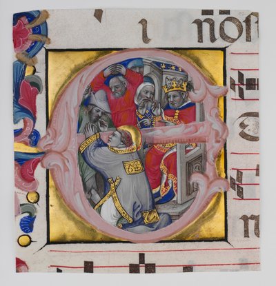 Kéziratos megvilágítás Szent István vértanúhalálával egy kezdeti E..., kb. 1394-1402. alkotó: Niccolò di Giacomo da Bologna