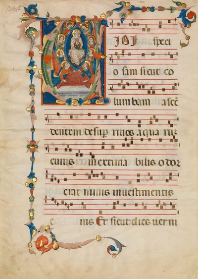 Kéziratos levél a Szűzanya mennybemenetelével V iniciáléban, egy antifóniából, kb. 1340 alkotó: Niccolò di ser Sozzo
