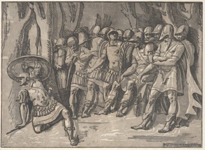 Ajax balra lent pajzsot tart a magasban, jobbra Agamemnon áll körülvéve..., 1540-50. alkotó: Niccolo Vicentino