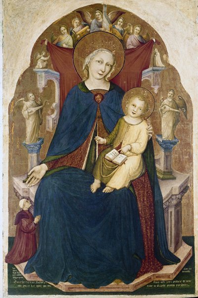 Madonna Childdel és két bhaktával trónolt. Niccolo di Pietro Gerini festménye alkotó: RC