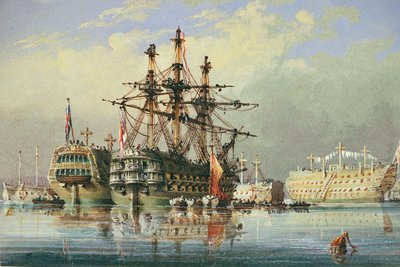 Hajók Devonportban, 1850 körül (akvarell) alkotó: Nicholas Condy