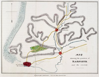 "Harfleur és a környék helyzetét bemutató térkép.", illusztráció az "Agincourt-i csata és Ötödik Henrik franciaországi expedíciójának története..." című könyvből. alkotó: Nicholas Harris Nicolas