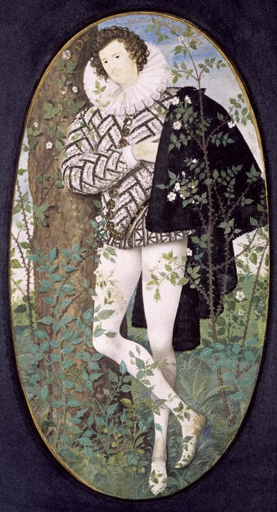 Fiatal férfi egy fának dőlve rózsák között (testszín pergamen) alkotó: Nicholas Hilliard