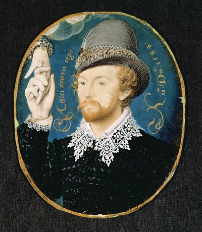 Felhőből kezet kulcsoló férfi, valószínűleg William Shakespeare, 1588 alkotó: Nicholas Hilliard