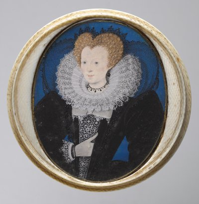 Női portré, 1590 körül (akvarell pergamen, eredeti, esztergált elefántcsont tokban) alkotó: Nicholas Hilliard