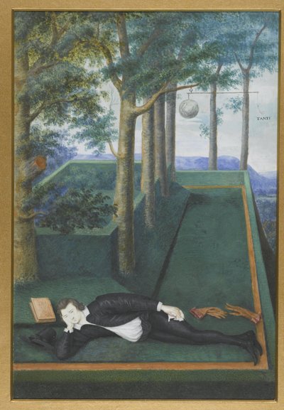 Fekvő nemes portréja egy benőtt udvarban; Henry Percy, Northumberland 9. grófjának portréja alkotó: Nicholas Hilliard