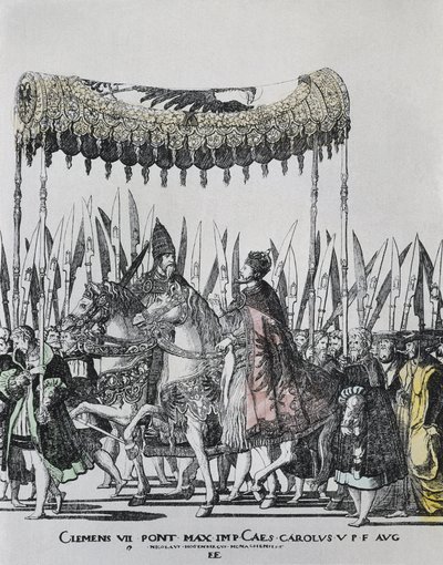HOGENBERG, Nicolas (1500-1539). V. Károly koronázása Bolognában. V. KÁROLY (1500-1558). Szent-római császár (1519-1556) és spanyol király (1516-1556), mint I. Károly; VII. KEMENT (1478-1534). Pápa 1523 és 1534 között. Metszet alkotó: Nicholas Hogenberg
