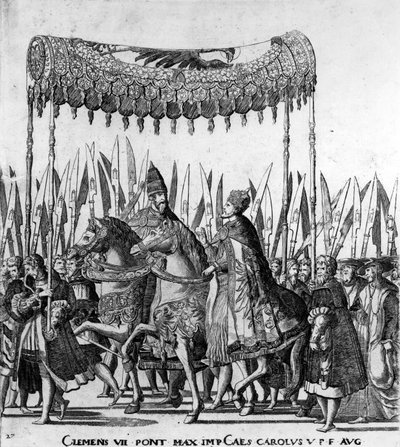 VII. Kelemen pápa és V. Károly császár belépése Bolognába 1530. február 24-én, 27. tábla, 1530 körül (472273 részlet) alkotó: Nicholas Hogenberg