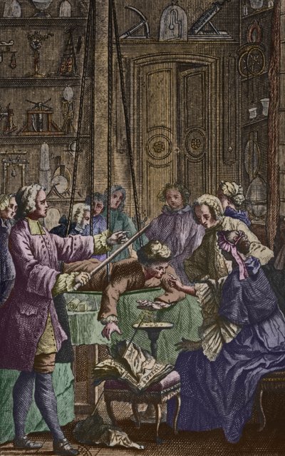 Elektromos kísérletet végzett egy emberen Jean Antoine Nollet abbé (1700-70) egy fizikus kabinban, előlapi illusztráció az Essai sur lelectricite des corps Nollet-től, 1746-ban, metszett: alkotó: Nicholas Lesueur