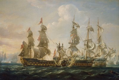 A "Captain" elfogja a "San Nicolas" és a "San Jose" hajókat a Cape St Vincent-i csatában. alkotó: Nicholas Pocock