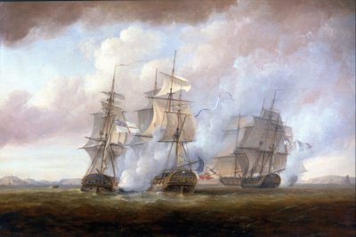 A francia "Resistance" és "Constance" fregattok elfogása a HMS "San Fiorenzo" és a "Nymphe" által március 9-én. alkotó: Nicholas Pocock