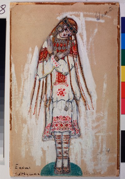 Jelmez egy női karakterhez Igor Sztravinszkij (1882-1971) "A tavasz rítusa" című balettjéből. Nicolas (Nicholas) Roerich (1874-1947) munkája, gouache kartonon alkotó: Nicholas Roerich