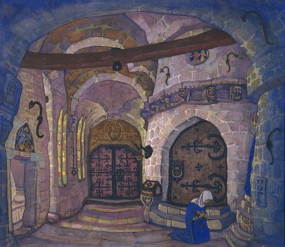 A kolostorban. Színpadterv A. Davydov Beatrice nővér című operájához, 1914 alkotó: Nikolai Konstantinowitsch Roerich