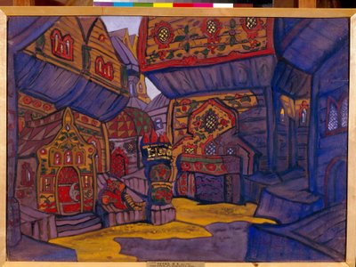 Vladimir Galitsky herceg udvara. Dekoráció Alexandre Borodin (Borodin) (1833-1887) "Igor herceg"" című operájához. Nicolas (Nicholas) Roerich (1874-1947) munkája, gouache és tempera papíron alkotó: Nicholas Roerich