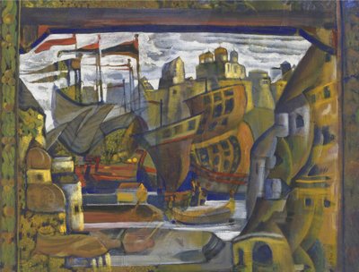A novgorodi piac – a novgorodi piac. Színpadterv N. Rimszkij-Korszakov Sadko című operájához, Roerich, Nicholas (1874-1947). Tempera vászonra alkotó: Nicholas Roerich