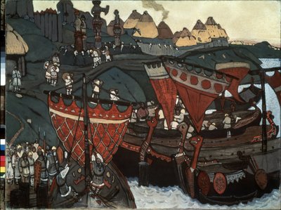 A Dnyeper menti szlávok: a varangok (vagy ruszok) a folyót kölcsönzik (szlávok a Dnyeperen). Nicholas Roerich (1874-1947) munkája, tempera és pasztell kartonon alkotó: Nicholas Roerich