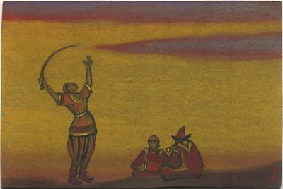 Polovciak, az egyik szablyával, jelmezterv a "Polovci táncokhoz" Borodin "Igor herceg" című operájából, 1943 alkotó: Nicholas Roerich