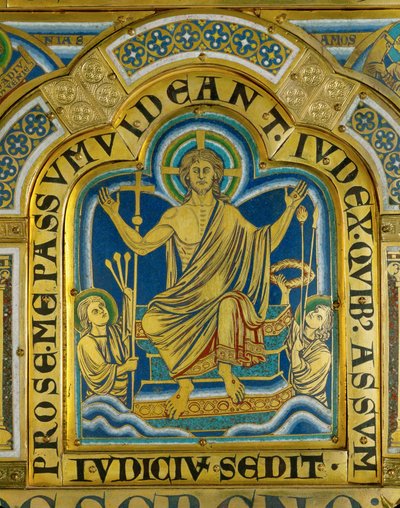Krisztus ül az ítélőszékben, szentek hordozzák szenvedésének eszközeit... (zománc aranyozott rézre). alkotó: Nicholas of Verdun