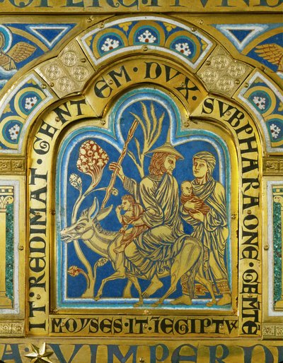 Mózes visszatér Egyiptomba feleségével, Zippórával és két fiával ... (zománc aranyozott rézre) alkotó: Nicholas of Verdun