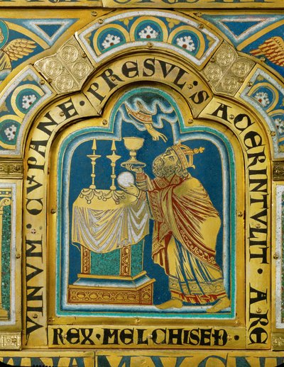 Sálem papkirálya, Melkizedek, kenyeret és bort áldoz ... (zománc aranyozott rézre) alkotó: Nicholas of Verdun