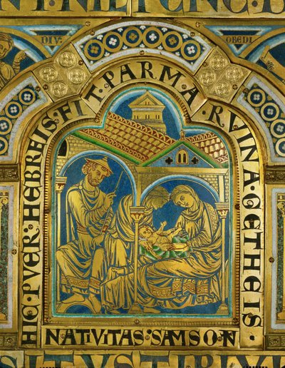 Sámson születése, Manoah középkori zsidó kalapban ... (zománc aranyozott rézre) alkotó: Nicholas of Verdun