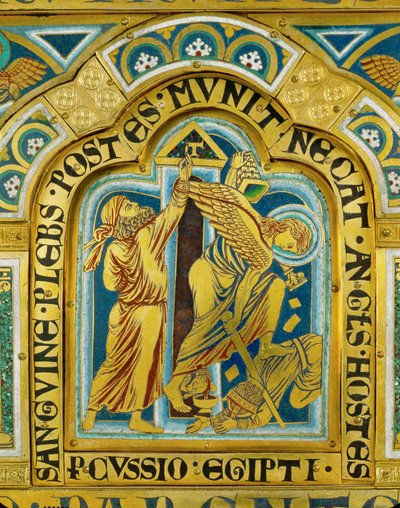 A tizedik egyiptomi csapás: az izraeliták az ajtófélfákat a húsvéti bárány vérével festik be ... (zománc aranyozott rézre). alkotó: Nicholas of Verdun