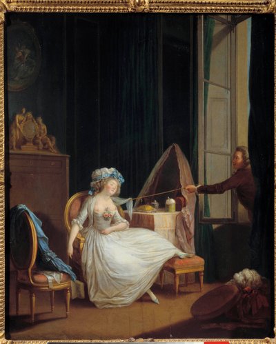 Komolytalan szerelem Egy férfi felfedezi egy fiatal nő mellkasát, aki a mellén alszik. Niklas Lavreince (1737-1807) festménye. 18. századi Párizs. Musee Cognacq Jay alkotó: Niclas II Lafrensen