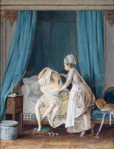 Hölgy kikászálódik az ágyból, 1776 alkotó: Niclas II Lafrensen