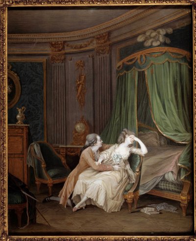 Késői bűnbánat Egy férfi valószínűleg hűtlennek vallja magát a menyasszonyának, aki elájul. Niklas Lavreince (1737-1807) festménye 18. századi Párizs, Musee Cognacq Jay alkotó: Niclas II Lafrensen