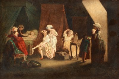 Lever des ouvrieres en mode, Lafrensen, Niklas (Nicolas Lavreince vagy Lavrince) (1737-1807). Olaj, fa, méret: 27x39, , Magángyűjtemény alkotó: Niclas II Lafrensen