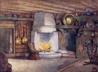 Norvégia: A Cottage Interior, Telemarken (színes litho) alkotó: Nico Jungman