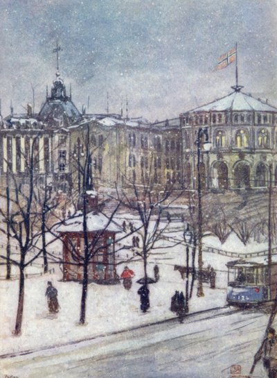 Norvégia: A Parlament háza (Storthing), Christiania (színes litó) alkotó: Nico Jungman