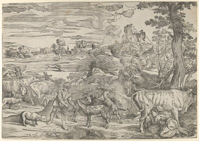 Táj, jobb oldalon egy tejeslány és bal oldalon egy fiú, kb. 1535-40., kb. 1535-40. alkotó: Nicolò Boldrini