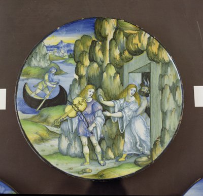 Orfeusz és Eurüdiké az alvilág kapujában, maiolika lemez, az urbinói Nicola Pellipario (1510-42), 1515 körül. alkotó: Nicolò Pellipario