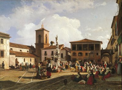 Benevento (Campania régió), Orsini tér a székesegyház harangtornyával és az Orsini pápának szentelt szökőkúttal (olaj, vászon) alkotó: Nicola Palizzi