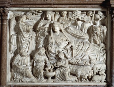 Angyali üdvözlet és betlehem A széket készítette: Nicola Pisano (1215 / 20-1278 / 84) (Márvány szószék) 1260 Pisai Szent János Keresztelő (Battistero San Giovanni di Pisa), Olaszország alkotó: Nicola Pisano
