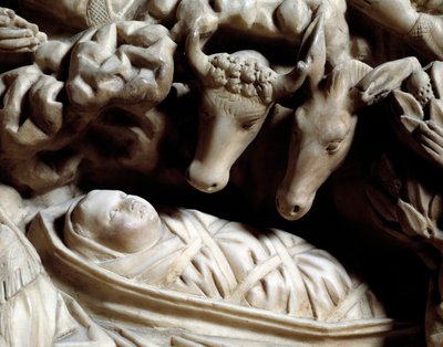 Művészet és gótikus építészet: a nativit - Részlet a Nicola Pisano (1215/20-1278/84) által 1266 és 1268 között készített márvány íróasztal domborműveiről (Márvány szószék részletei, betlehem) Cathedrale Notre-Dame-de-l „Assomption (Santa Maria di Assunta)  alkotó: Nicola Pisano