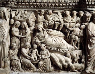 Gótikus művészet és építészet: Látogatás és betlehem - Részlet a Nicola Pisano (1215/20-1278/84) által 1266 és 1268 között készített márványasztal domborműveiről (Márvány szószék részletei, látogatás és betlehem) Cathedrale Notre-Dame- de-l