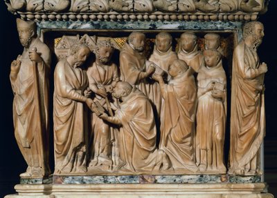 Péter és Pál apostolok megjelennek Szent Domonkosnak, díszítő dombormű az Arca di San Domenicoból, Nicola Pisano és műhelye, márvány, San Domenico kápolna, San Domenico bazilika, Bologna, Emilia-Romagna, Olaszország alkotó: Nicola Pisano