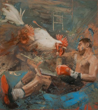 Boxer kakasokkal, 2018 (olaj, vászon) alkotó: Nicola Pucci