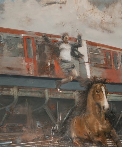 Ugrás a vonatról, 2017 (olaj, vászon) alkotó: Nicola Pucci