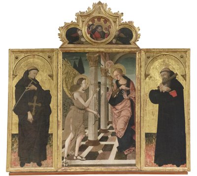 János Gualbert és Benedek hirdetés, 1500-05 körül (triptichon, tábla) alkotó: Nicola de Maestro Antonio