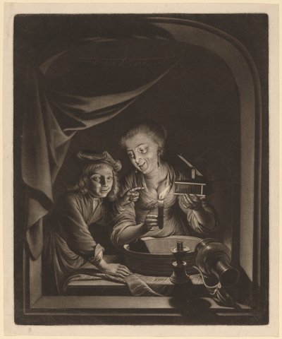 Egérfogóval szolgáló szobalány alkotó: Nicolaas Verkolje after Gerrit Dou