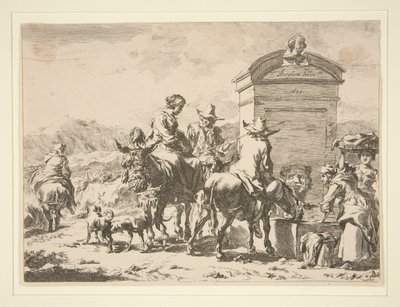 Untitled – Műfaji jelenet emberekkel szamáron és sírkővel alkotó: Nicolaes Berchem
