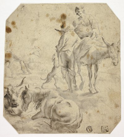 Nő és gyermek szamárral, férfi, kutyák, lovak, lovak alkotó: Nicolaes Berchem