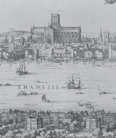 Panoráma Londonról és a Temzéről, részlet a második részből, amely bemutatja a Szent Pál-székesegyházat és a Globe Színházat, 1600 körül a 7214-es metszet részlete alkotó: Nicolaes Jansz Visscher