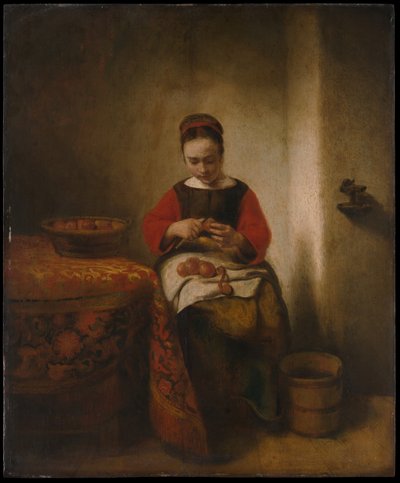 Fiatal nő hámozó alma alkotó: Nicolaes Maes