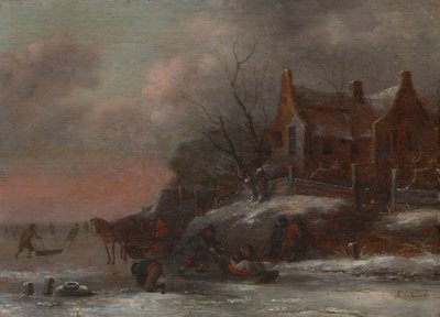 Téli táj a befagyott folyón szánkózó figurákkal alkotó: Nicolaes Molenaer