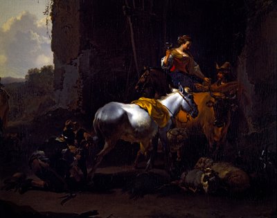 Olaszos tájkép parasztokkal egy fogadó előtt alkotó: Nicolaes Pietersz. Berchem