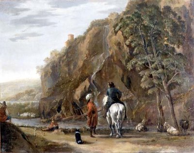 Olaszos tájkép alakokkal és lóval egy úton alkotó: Nicolaes Pietersz. Berchem